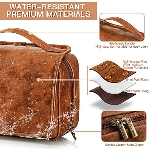 Elviros Hanging Toiletry Bag for Men, 3-in-1 PU Leather, Brown — view 3