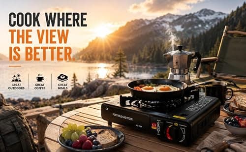 OptiProducts Portable Camping Stove with Carry Case & 4 Butane Gas Canisters – Black Single Burner Gas Cooker, Automatic Piezo Ignition, Adjustable Heat Control, EN417 Compliant, 2100W — view 6