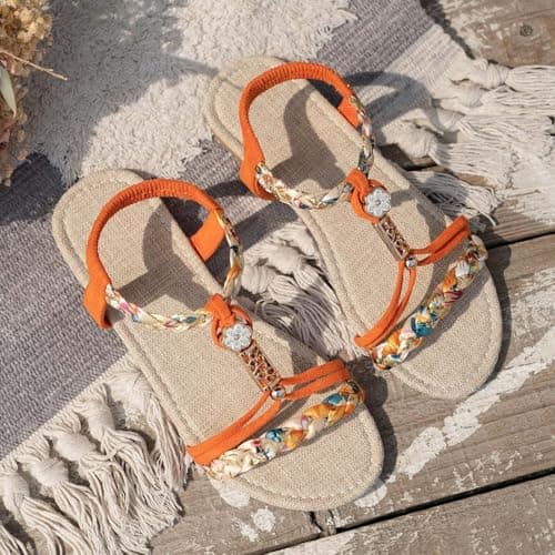 Momolaa Size 5.5 Womens Flat Sandals Wide Width Boho Bohemian Braided Flat Sandals Comfort Walking Beach Ankle Elastic Summer Shoes for Vacation Beach Travel Casual Dressy Orange Sandles — view 6