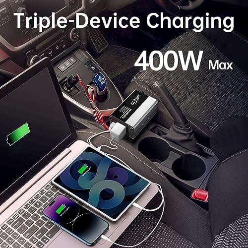 BGFOX 400W Car Power Inverter DC 12V to AC 240V 230V Voltage Converter with 2 USB 4.8A Ports for Charge Your Laptop, for iPad, iPhone, Tablet, Aluminium Body & Smart Digital Display - Silver — view 2