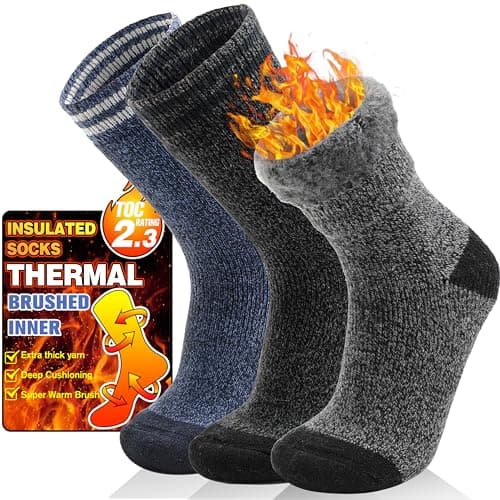 Welwoos Heated Thermal Socks for Men & Women Warm Winter Ski Thick Boot Insulated Gift Stocking Fillers Socks 3 Pairs (Stripe B,L)
