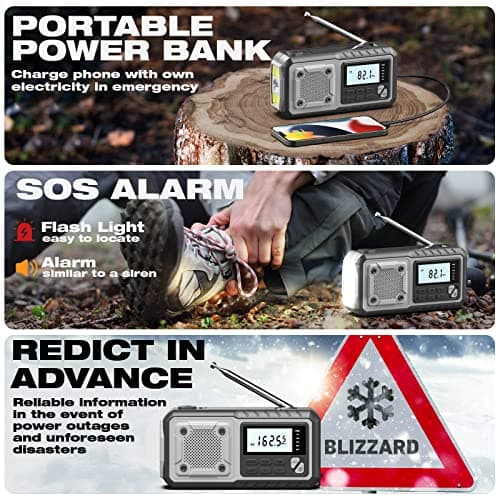SIYEGK NOAA AM FM Emergency Weather Radio 5000mAh with Solar Hand Crank for Men Dad Husband Cool Gadgets NOAA AM FM Portable Battery Weather Warning Radios with Flashlight Perfect Gift — view 4