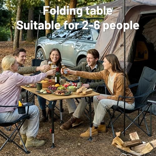 TIMBER RIDGE Bamboo Camping Table Folding Garden Table for 2-6 Persons Height Adjustable 53-70 cm Aluminium Frame Large Picnic Table for Outdoor Camping Caravan Balcony, 100 x 70 cm — view 3