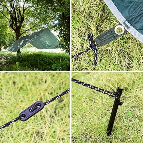 Bessport Tent Tarp, Camping Tent Tarp 3m x 3m/3m x 4m Waterproof PU3000 mm for hammock, tarp with eyelets & 6 aluminium stakes & 8 nylon ropes, anti-UV Suitable for camping, picnic, hammock — view 4