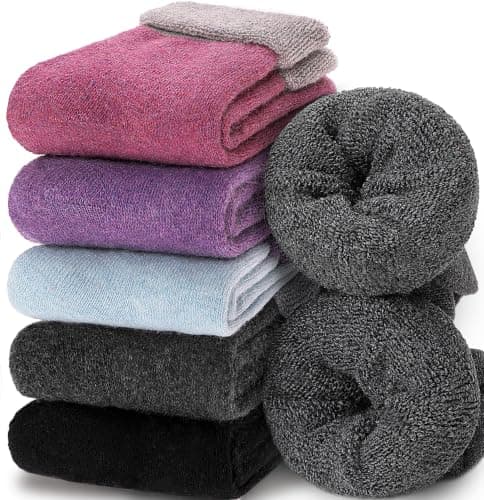 EBMORE Womens Merino Wool Socks Thermal Thick Warm Winter Cosy Boot Work Gift Stocking Fillers Women Hiking Walking Ladies Socks 5 Pairs(Turn Cuff Purple)