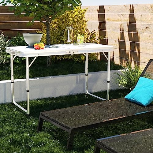 Lucn 4FT Folding Table Fold Up Picnic Tables Camping Garden Party Trestle Dinner Table 120x60cm - 3 Height 70/62/55cm — view 2