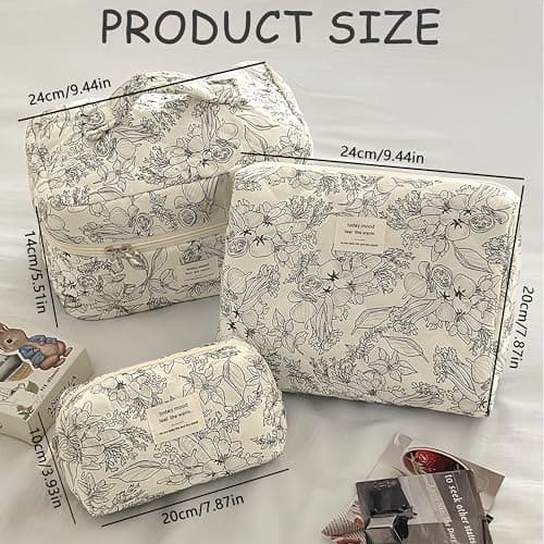Aucuu 3PCS Coquette Makeup Bag, Quilted Makeup Bag for Women, Floral Cotton Cosmetic Bag Set, Large Capacity Aesthetic Floral Toiletry Bag, Travel Toiletry Bag, Wash Organizer Pouch for Women Girls — view 3