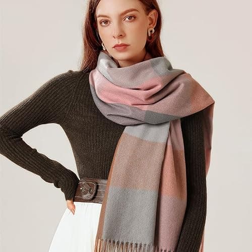 FCHUI Womens Tartan Scarf - Winter Long Plaid Blanket Scarves Soft Warm Check Pashmina Wool Shawl Wraps Ladies Spinning Tassel Long Stole Scarf (Pink Blue) — view 3