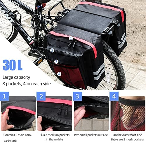 Tyuodna 30L Waterproof Bike Pannier Bag, Double Rear Pannier Bags with Reflective Stripe, for Commute, Travel and Picnic (Red) — view 2