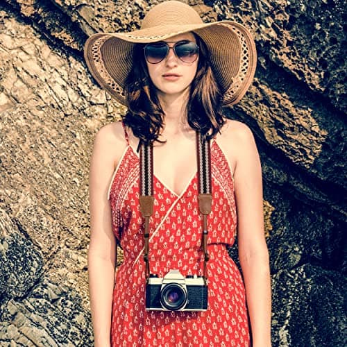 Padwa Lifestyle Stripes Camera Strap - 1.5" Crazy Horse Cowhide Head Soft Cotton Rope Weave Camera Straps for Photographers and All Cameras,Cute Adjustable Vintage Woven Strap for Adults & Kids — view 3