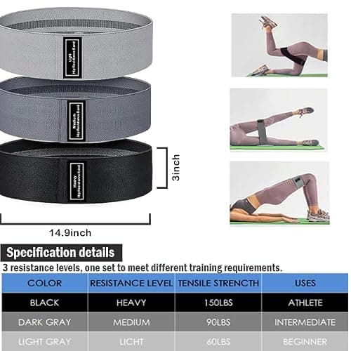 S.ROMZA Fabric Resistance Bands for Working Out Elastic Exercise Band Squats Fabric Exercise Bands for Legs and Butt Pilates,Yoga,Male and Female Fitness Resistance Bands (Light gray/dark gray/black) — view 3