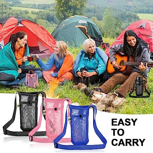 TSHAOUN 3 Pcs Water Bottle Carrier Bag Mesh Water Bottle Bag Beach Bottle Bag Water Bottle Holder with Adjustable Shoulder Strap for Travelling, Camping Climbing, Hiking, Sport (Black,Pink,Blue) — view 5