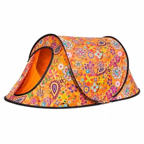2 PERSON POP UP FESTIVAL TENT, WATERPROOF INSTANT CAMPING TENT, EASY PITCH SHELTER, ORANGE FLORAL DESIGN.
