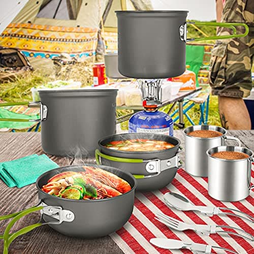 Odoland Multi-PCS Set of Durable and Compact Aluminium Camping Pots and Pans Complete Camping Utensils Kit with Ultralight Camping Stove for Hiking, Fishing — view 6
