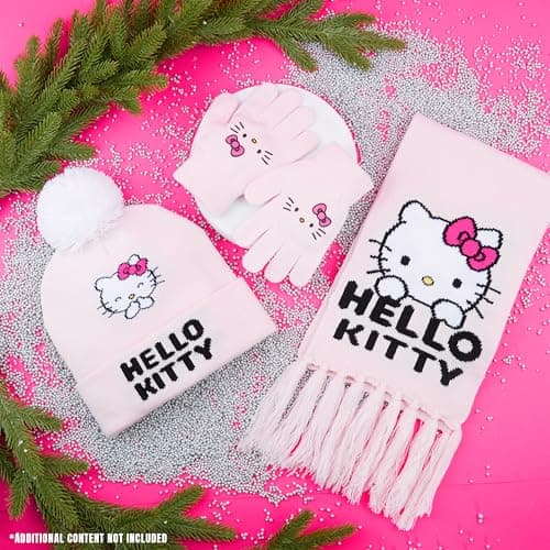 Hello Kitty Girls Scarf Beanie and Gloves Set 3 Piece Kawaii Cosy Warm Winter Accessories Anime Soft Knit for School Travel Days Out (Pink Hello Kitty, 4-12 Years) — view 2