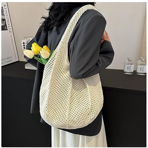 Aucuu Women Knitted Handbags, Retro Hollow Woven Shoulder Bags, Boho Shoulder Bag, Crochet Mesh Tote Bag, Beach Bag for Women, Travel Shopping Handbag for Holiday, Daily Work, Shopping, Travel-White — view 2