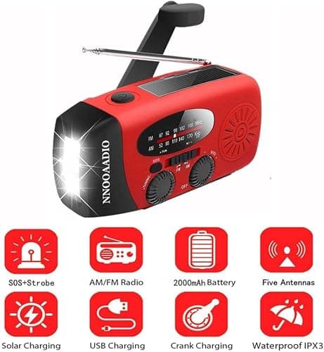 2000mAh SOS Alarm Emergency AM FM Weather Radio, 3LED Type-C Hand Crank Solar Battery Operated Portable Wind Up Radio Flashlight, Cell Phone Charger Survival Kit (Red) — view 5