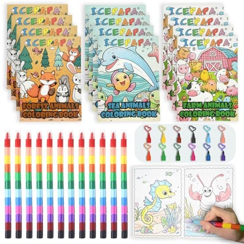 ICEPAPA, 12 colouring books for children and 12 crayons (12 colors in 1), mini colouring books for party bags, perfect for travel activity packs for kids and party bag fillers for kids unisex