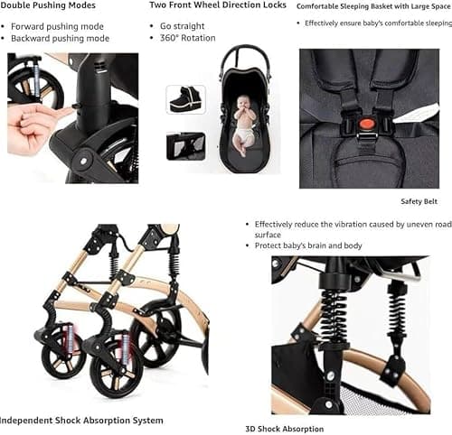 Baby Buggy, Baby Pram, Pushchair, 3 in 1 Travel System, Foldable Stroller, Lightweight Folding All in One Stroller, Portable Baby Carriage for Newborns and Toddlers, Aluminium Frame, Black - Rose Gold — view 3