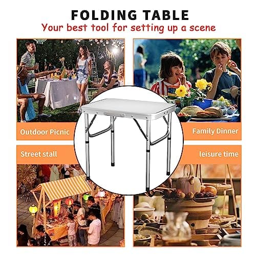 WELAIRICH Folding Tables, Aluminum Picnic Table, 2ft Camping Table with 2 Adjustable Height (26/56cm), Carrying Handle Lightweight for Barbecue, Fishing, Picnic, Outdoor, Indoor, L60 x W45 x H56 cm — view 3