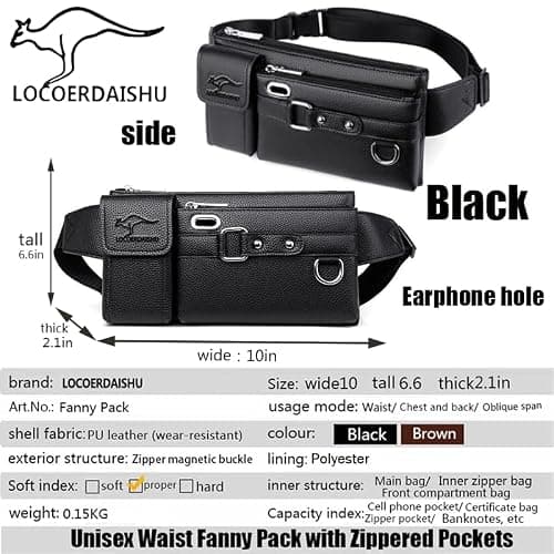Genuine Leather Bum Bag, Unisex Waist Fanny Pack with Zippered Pockets, Large Capacity Travel Money Belt for Passport, Phone, Dog Walking, Festivals, Hiking, Running (Black) — view 2