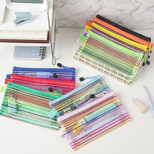1pcs Nylon Stripe Mesh Document Folders Zipper Closure File Bags Stationery File Storage Packing (Random Color) — view 2
