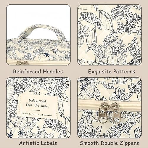 Aucuu 3PCS Coquette Makeup Bag, Quilted Makeup Bag for Women, Floral Cotton Cosmetic Bag Set, Large Capacity Aesthetic Floral Toiletry Bag, Travel Toiletry Bag, Wash Organizer Pouch for Women Girls — view 4