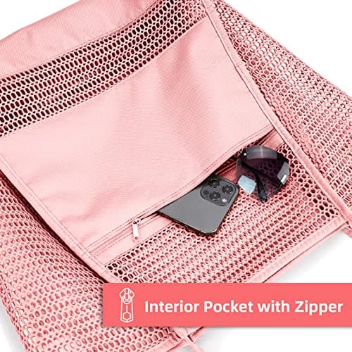 KALIDI Mesh Tote Bag,23L Beach Bag Extra Large Tote Bags for Women with Zip Pocket Shoulder Bag Summer Beach Bags Reusable Shopping Bag for Picnic Holiday Travel Grocery,pink — view 5