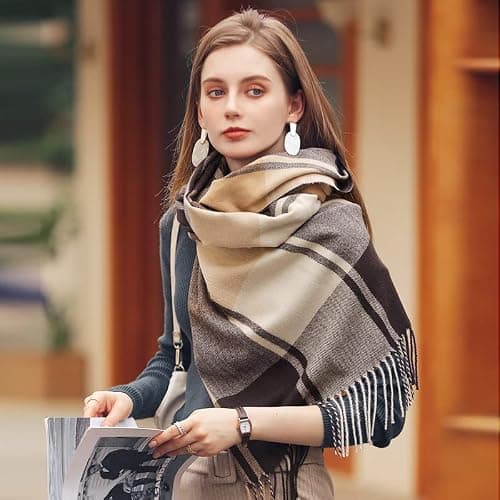 FCHUI Womens Tartan Scarf - Winter Long Plaid Blanket Scarves Soft Warm Check Pashmina Wool Shawl Wraps Ladies Spinning Tassel Long Stole Scarf (Pink Blue) — view 5