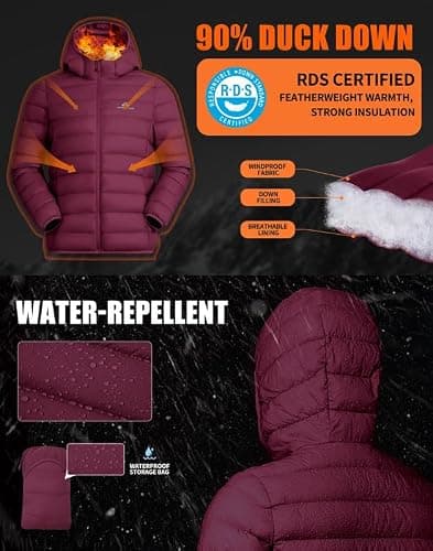 Pioneer Camp Women's Down Jacket, Lightweight Packable Insulation, Transition Jacket, Quilted Jacket with Hood and Zip Pockets, Winter Jacket for Hiking, Travel, maroon banner, M — view 4