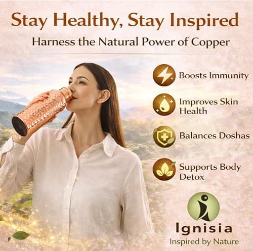 Ignisia Copper Water Bottle 34oz - 100% pure copper water bottle for drinking | eco-friendly | lab tested | Leak-Proof | Handcrafted Ayurvedic for Health & Wellness Hammered — view 6
