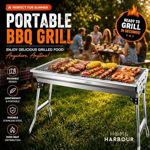 Home Harbour H1 Large Foldable Stainless Steel BBQ Charcoal Grill | Portable and Lightweight Barbecue | For Outdoor Picnics, Camping, Garden, Home Cooking Parties Grilling — view 2