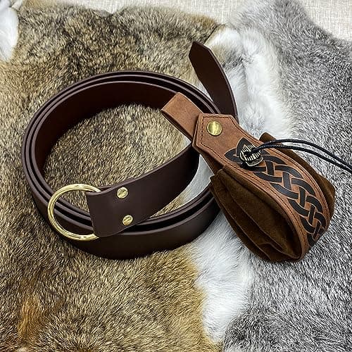 HiiFeuer Medieval O Ring Belt with Retro Nordic Drawstring Pouch, Renaissance Faux Leather Belt and Purse Set for LARP (Brown C) — view 3