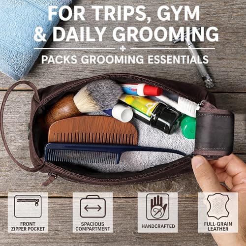 Leather Wash Bag for Men - Travel Toiletry Bag - Shaving Dopp Kit Toiletries Organizer - Leather Makeup Bag for Women — view 4