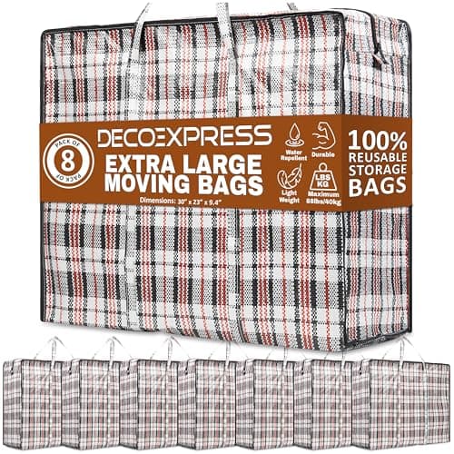 DECO EXPRESS Laundry Bags XXL, Pack of 8, 107L Strong, Durable & Reusable Extra Large Storage Bags with Zips, Ideal for Moving, Shopping, Packing, Laundry & Clothes Storage (76 X 59 X 24 CM)