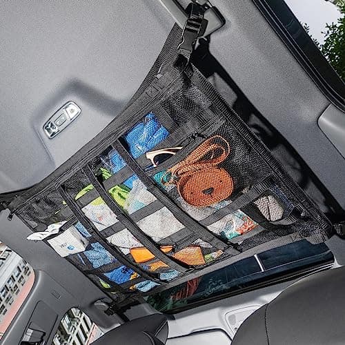 Car Ceiling Cargo Net with 3 Pockets,31.5"x21.6" Reduce Sagging Car Storage Mesh Organizer,Double Layer Roof Mesh Camping Overlanding Gear Must Haves Cargo Net for SUVs,Van,Road Trip Essentials