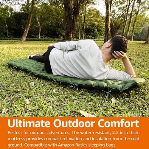 Amazon Basics Waterproof Camping Sleeping Pad,Camping Mat,Compact,Folding,Inflatable,Lightweight,Built-in foot pump, 190.5 x 57 x 5.6 cm, Olive Green — view 6