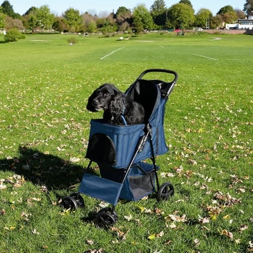 Pet Stroller Pushchair Navy Blue Carrier Foldable Trolley Travel Cart 15kg Capacity 4 Wheels Brakes Cat Dog Safety Hook Leash Cushion Canopy Mesh Windows Basket Cup Holders & Waterproof Rain Cover — view 4