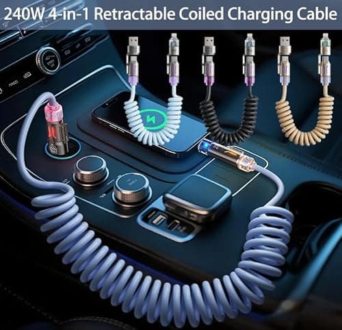 Mciluyaiio 240w 4-in-1 Retractable Coiled Charging Cable, Vehicle-Mounted Spring Data Cable, Universal 78in Multi-Port Charger Cord, Multi-Port Charger Cord for All USB-Compatible Devices (Gold) — view 2