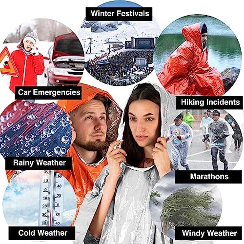aZengear Emergency Survival Poncho (4pc) Thermal Mylar Foil Coating Blanket for Heat Retention and Rain | Reversible with Hood | Waterproof, Windproof, Portable, Hands-free, Outdoor Kit — view 5