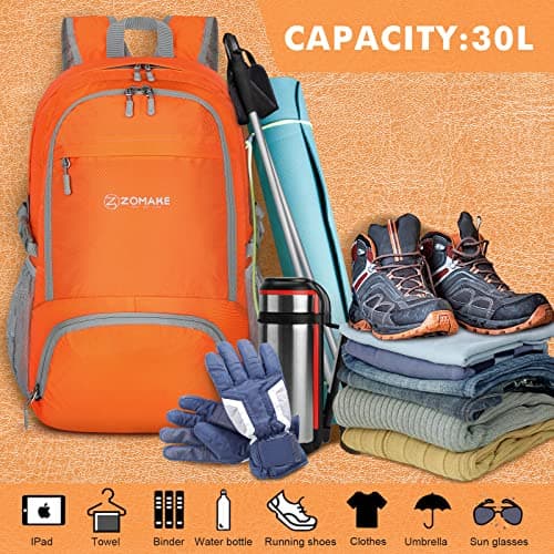 ZOMAKE Lightweight Foldable Backpack Packable Rucksack (30L/Orange) — view 3