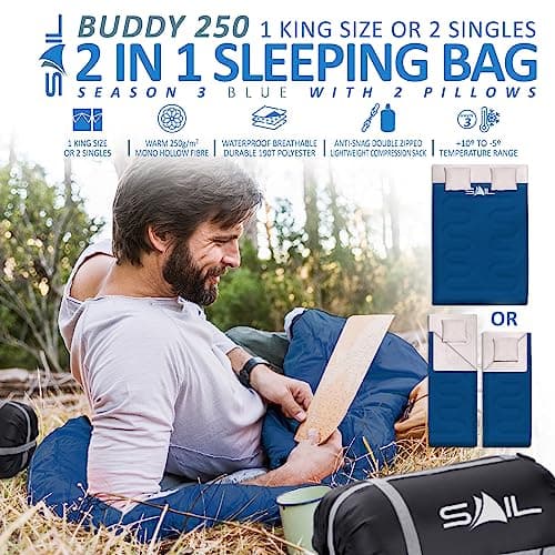 SAIL 3-4 Season Double Sleeping Bag with 2 Pillows - 2-in-1 King Size or 2 Single Person, 250GSM Design, Lightweight Waterproof Polyester - Professional Hiking, Camping & Backpacking Gear - Blue — view 2