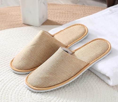 5 Pairs Linen Closed Toe Brown Spa Slippers Disposable Soft Hotel Guest Slippers Men and Women for Spa, Party Guest Visit, Hotel and Travel Non Slip Fits up to UK Men Size 8.5 and Women Size 9 (Brown) — view 4