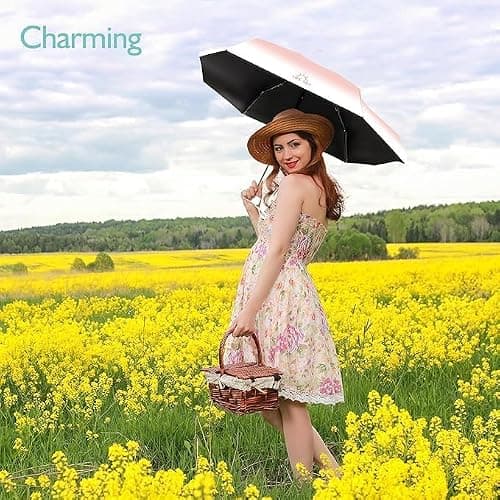 Meiliyadexin Compact Travel Umbrella, Travel Umbrella, Portable Mini Folding Umbrella, Small Pocket Umbrella for Rain, with 99% UV Protection Travel Umbrella for Girls and Women (Coral Powder) — view 6