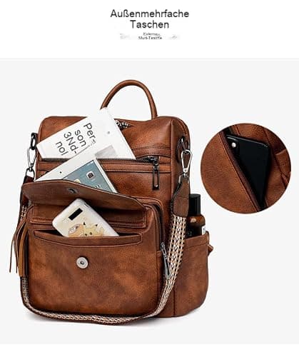 BOHJPIS Women Backpack Anti-Theft Lightweight Waterproof PU Fashion Travel Multipurpose Convertible Purse Shoulder Bag Handbag Backpack (Brown) — view 6