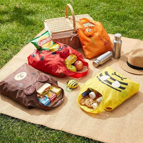 LUVDECO 4 Pack Foldable Reusable Shopping Bags with Cute Fruit & Animal Patterns, Large Waterproof Tote that Folds into Pouch for Grocery, Beach, Travel (Animal) — view 3