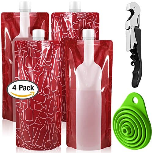 SENHAI Foldable Wine Bag, 750 ml, Portable Reusable Plastic Wine Bottle Pouch, 4 Pack Collapsible Liquid Leak Proof Flask Holder for Wine Liquor Beverages, Travel, Gift - Red — view 2