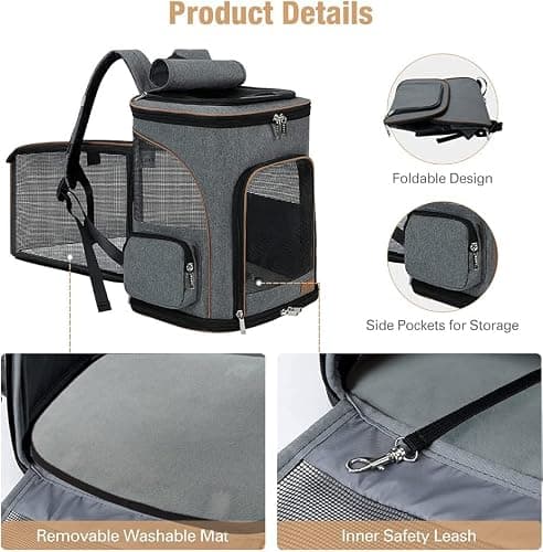 Lekesky Expandable Cat Carrier Backpack - Portable Breathable Rucksack for Medium and Small Cats & Dogs, Foldable with Inner Escape-proof Leash and Pet Mat, Supports 15 lbs (Grey) — view 4