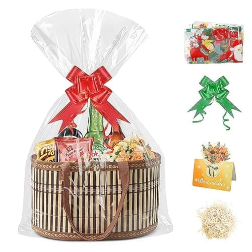 Gift Baskets Empty with Glass Bags, Hamper Box for Gifts, Woven Bamboo
