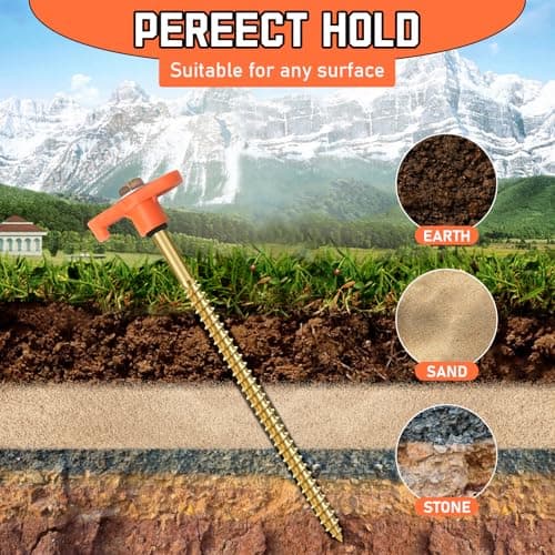 12 Pack Heavy Duty Metal Tent Pegs, 7.8in chRotating Rock Pegs with Thread, Ground Anchors for Camping, Includes Drill Adapter & Nail Puller, Durable Steel Stakes for Garden, Canopies,Lawns -Orange — view 3